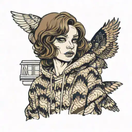 girl with brown wavy bob standing in front of a house in a glittery hoodie tattoo design idea