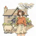 girl with brown wavy bob standing in front of a cottage in a sheep costume  tattoo design idea