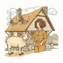 girl with brown wavy bob standing in front of a cottage in a sheep costume  tattoo design idea