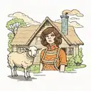 girl with brown wavy bob standing in front of a cottage in a sheep costume  tattoo design idea