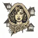 girl with brown wavy bob standing in front of a house in a glittery hoodie tattoo design idea