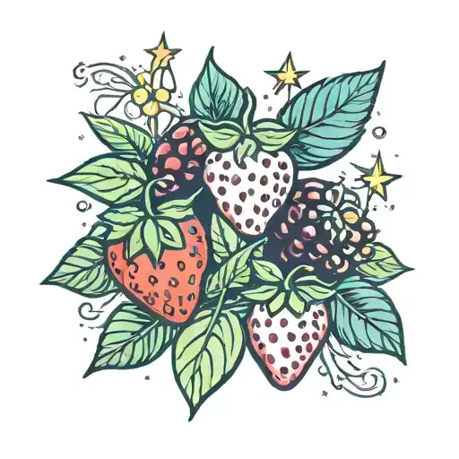 strawberries and cherries with leafs, sparkles and 8 pointed stars around them  tattoo design idea