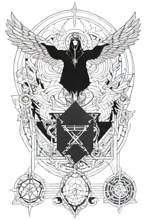 an angel surrounded by depictions of the holy trinity symbol tattoo design idea