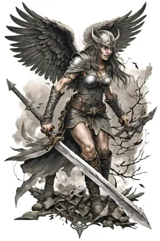 Valkyrie with wings over a battlefield. Plus swords and axes, Vikings. It's supposed to be mystical. tattoo design idea