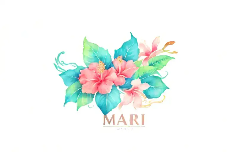 vivid pink hibiscus and plumeria flowers with the phrase Mari tattoo design idea