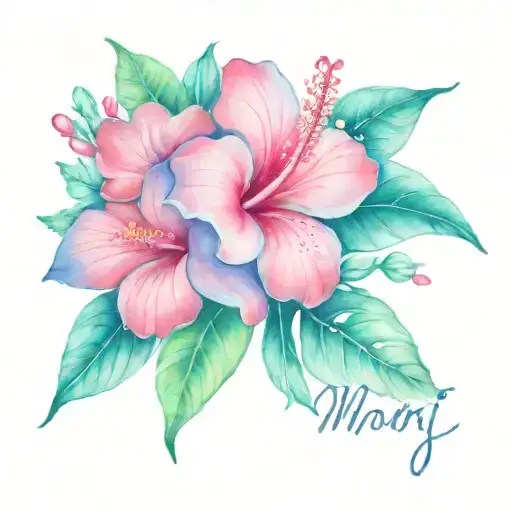 vivid pink hibiscus and plumeria flowers with the phrase Mari tattoo design idea