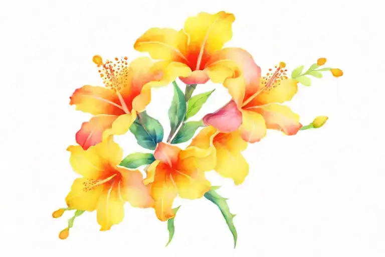 vivid pink hibiscus and plumeria flowers in a line with very little vines tattoo design idea