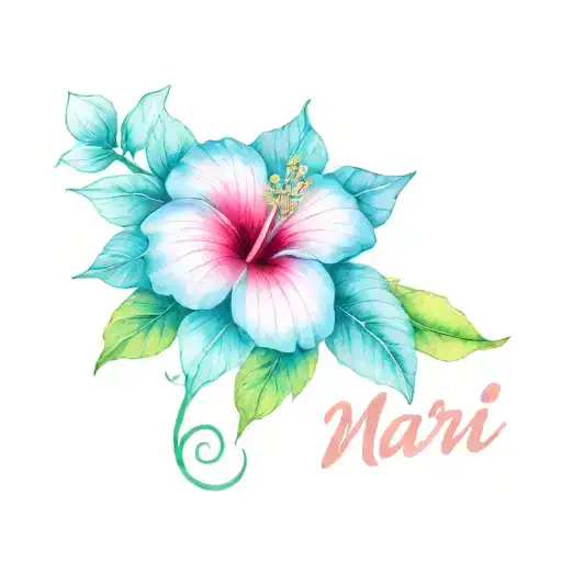 hibiscus and plumeria flowers with the phrase Mari written in vines vivid colored pink tattoo design idea