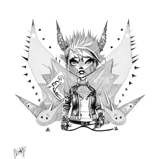 punk pawg in leather jacket with lots of spikes and doc marten boots and ripped torn clothing and miniskirt and fishnets tattoo design idea