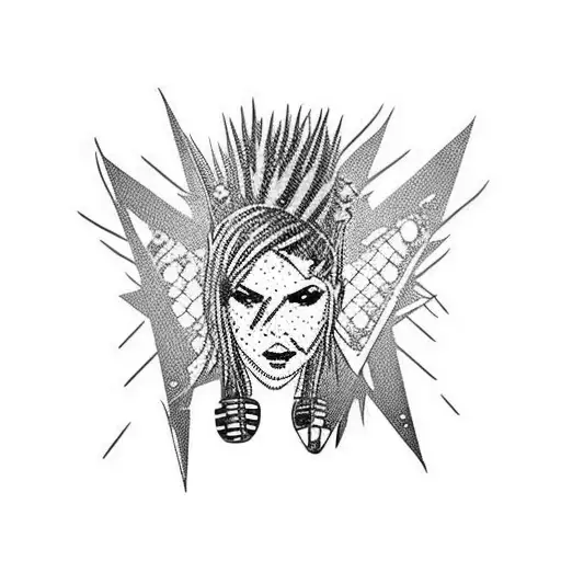 punk rocker leather jacket with lots of spikes and doc marten boots and ripped torn clothing and miniskirt and fishnets tattoo design idea