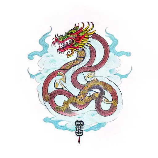 A celtic dragon intertwined with a chinese dragon, weaving together like a caduceus tattoo design idea