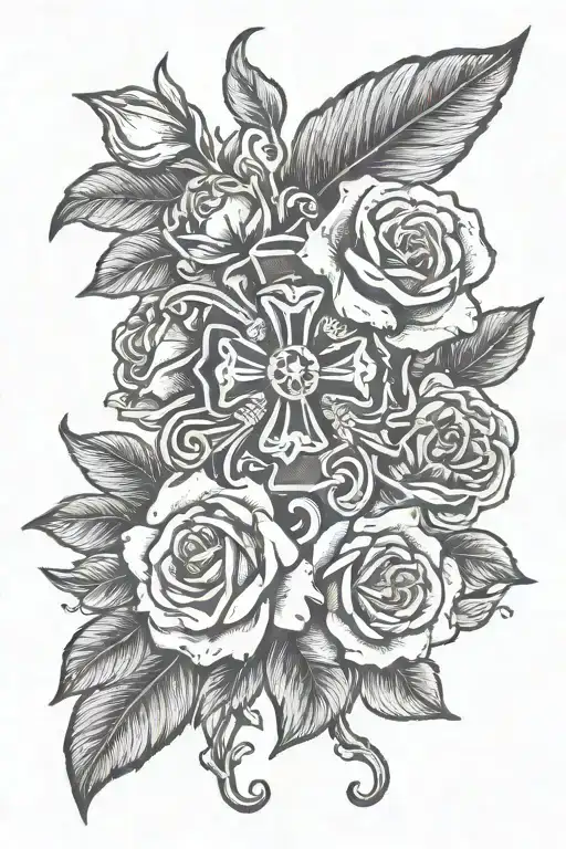 maltese cross and roses intertwined tattoo design idea