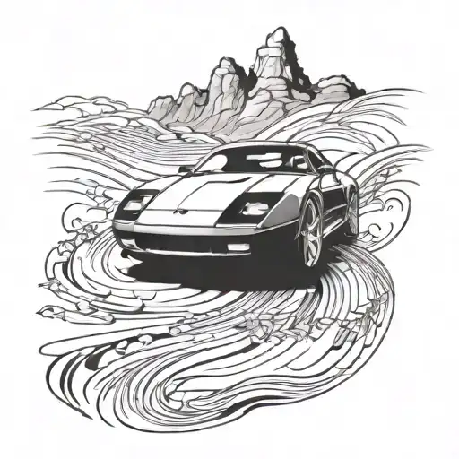 Incorporate a sleek sports car into a winding road design tattoo design idea