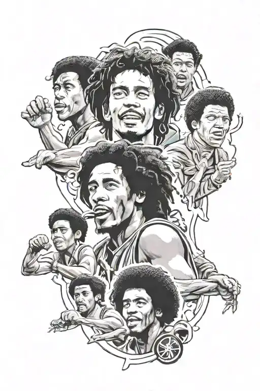a collage of bob marley Bruce lee and Muhammad Ali  tattoo design idea