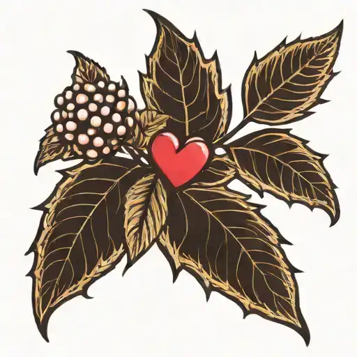 Traditional blackwork horizontal sharp and pointed bramble with a heart silhouette stuck in the middle tattoo design idea