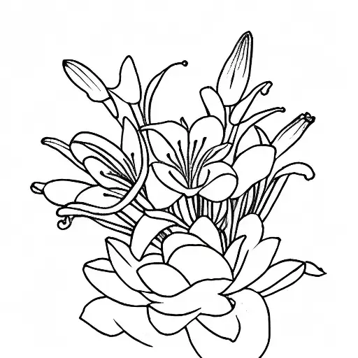 A bouquet of two Lily's of the valley, three violets, one water lily, and one chrysanthemum tattoo design idea