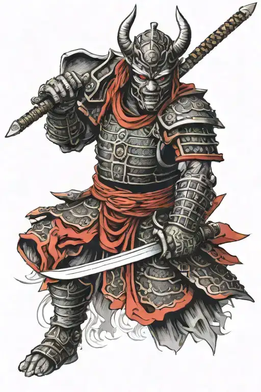 Demon Samurai with red and black armour holding 1 sword tattoo design idea