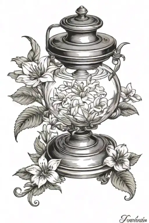 kerosene oil lamp with Jamaican flowers tattoo design idea