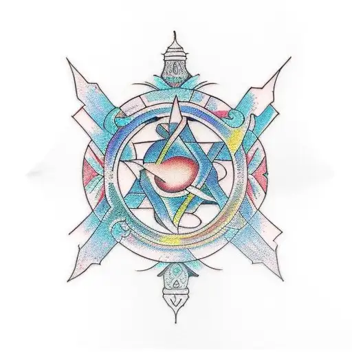 Multi-faith shoulder tattoo on shoulder. The tattoo mixes pictures from different religions tattoo design idea