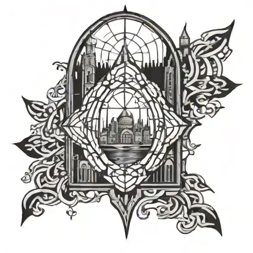 A modern interpretation of a stained glass window featuring iconic Christian symbols, set against the backdrop of the Istanbul skyline tattoo design idea