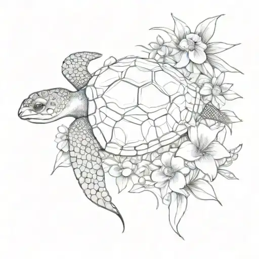 sea turtle dolphin sand dollar flower bouquet tattoo design idea