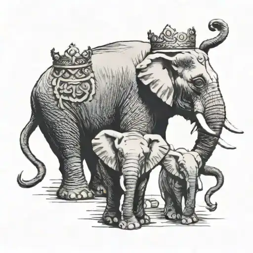 4 elephant family one wearing a crown tattoo design idea