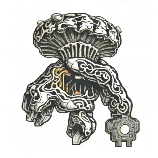 broken and seperated hand honling on a key for a brain standing infront of it tattoo design idea