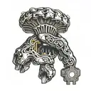 broken and seperated hand honling on a key for a brain standing infront of it tattoo design idea