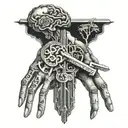 broken and seperated hand honling on a key for a brain standing infront of it tattoo design idea