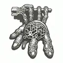 broken and seperated hand honling on a key for a brain standing infront of it tattoo design idea