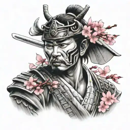 samurai in black and white with cherry blossom in color  tattoo design idea
