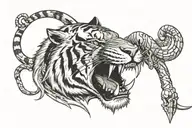 tiger with mouth open and spear piercing through skull with last name in mouth  tattoo design idea