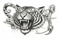 tiger with mouth open and spear piercing through skull with last name in mouth  tattoo design idea