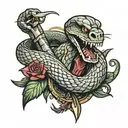 snake wrapped around a dagger with its mouth open tattoo design idea