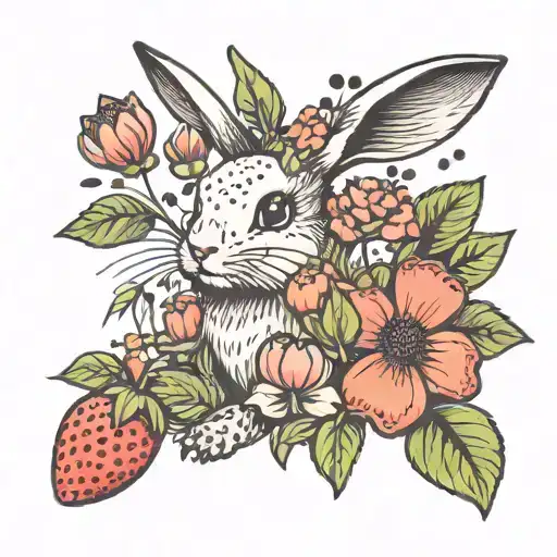 blackberries poppies fireflies strawberries bunny tattoo design idea