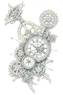 A clock with my sons birth information on it.   Gears ripping threw skin on forearm with cancer horoscope tattoo design idea