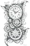 A clock with my sons birth information on it.   Gears ripping threw skin on forearm with cancer horoscope tattoo design idea
