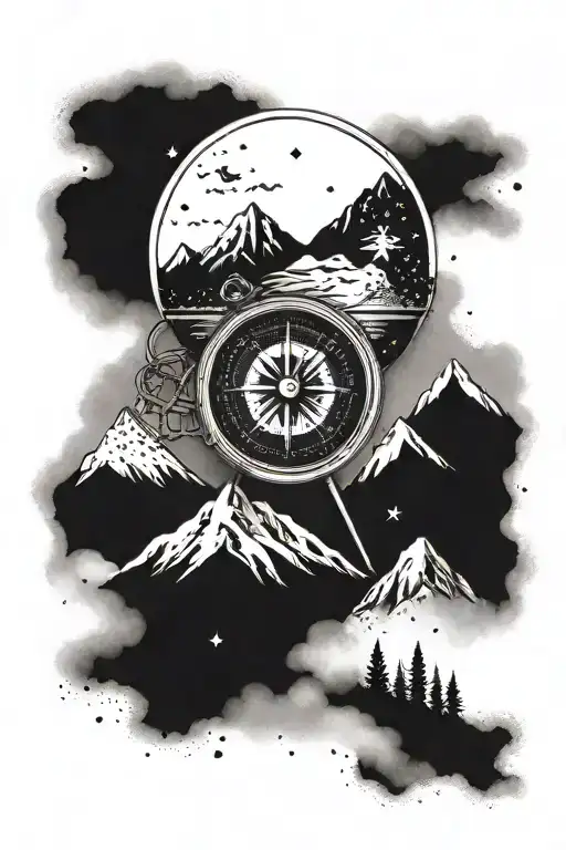compass and mountains tattoo design idea
