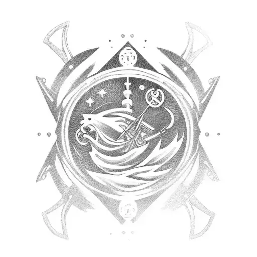 A futuristic techno warrior riding a medieval-style boat across a mystical mer, with nordic symbols in the background tattoo design idea