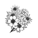 a cluster of flowers with one daffodil, one chrysanthemum, one gladiolus, and one aster flower tattoo design idea