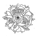 a cluster of flowers with one daffodil, one chrysanthemum, one gladiolus, and one aster flower tattoo design idea