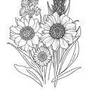 a cluster of flowers with one daffodil, one chrysanthemum, one gladiolus, and one aster flower tattoo design idea