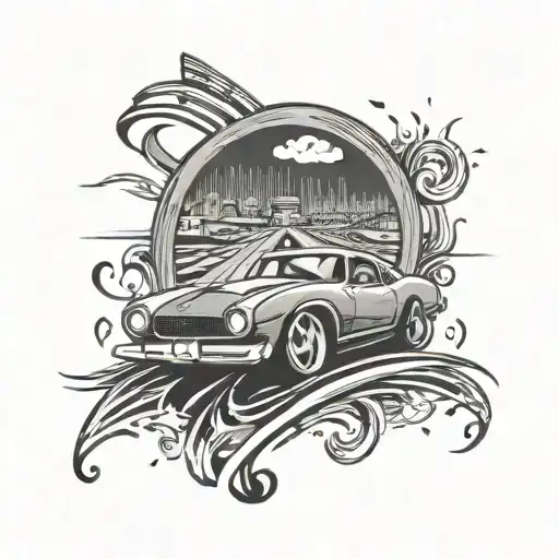 A car speeding down a highway with music notes trailing behind it and a baseball diamond in the background tattoo design idea