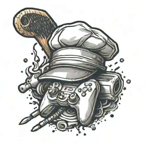 A chef's hat with a baseball bat crossed behind it and a video game controller integrated into the design tattoo design idea