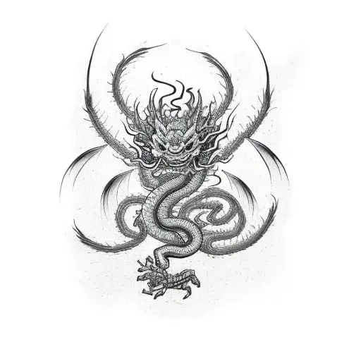 A dragon exhaling smoke, with a spider crawling on its tail tattoo design idea