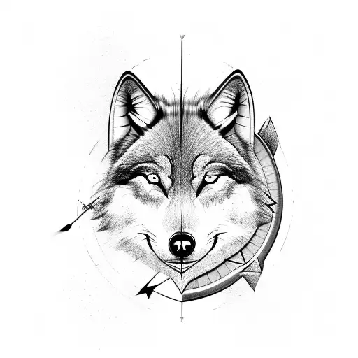 Half side Wolf and half side compass; arrow going through middle with anchor as tip of arrow tattoo design idea
