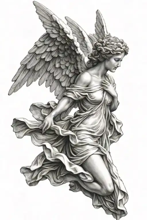 female angel statue with wings tattoo design idea