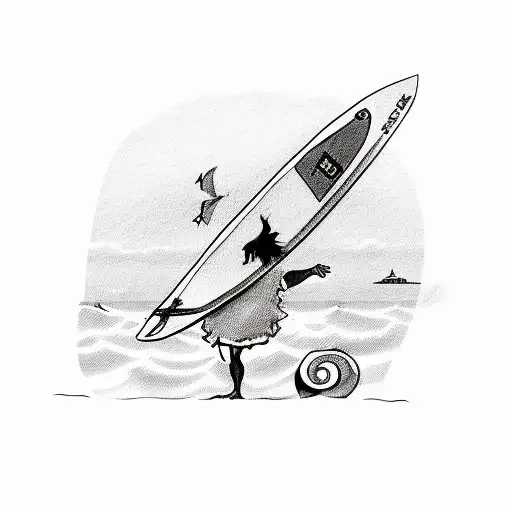 A sketch-style illustration of a seagull holding a surfboard, symbolizing the meeting place where you and your husband first connected tattoo design idea