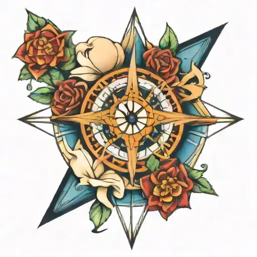atom symbol, Poseidon and compass rose intertwined for half sleeve tatoo tattoo design idea