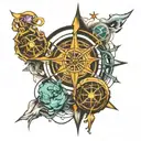 atom symbol, Poseidon and compass rose intertwined for half sleeve tatoo tattoo design idea
